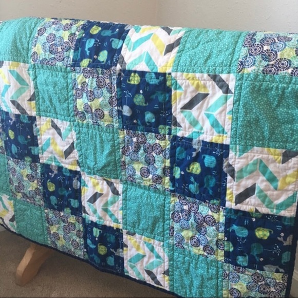 Handmade Toddler Baby Kid’s Whale Quilt Blue Teal Chevron - Picture 5 of 5